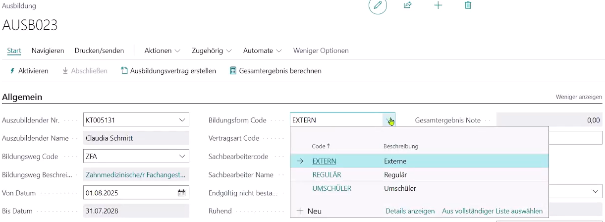 Bildungsform Code in der Ausbildungskarte