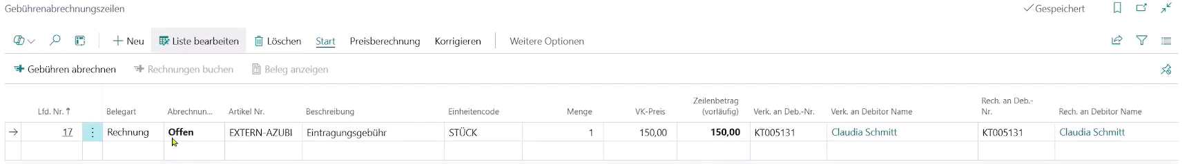 Gebührenabrechnungszeilen