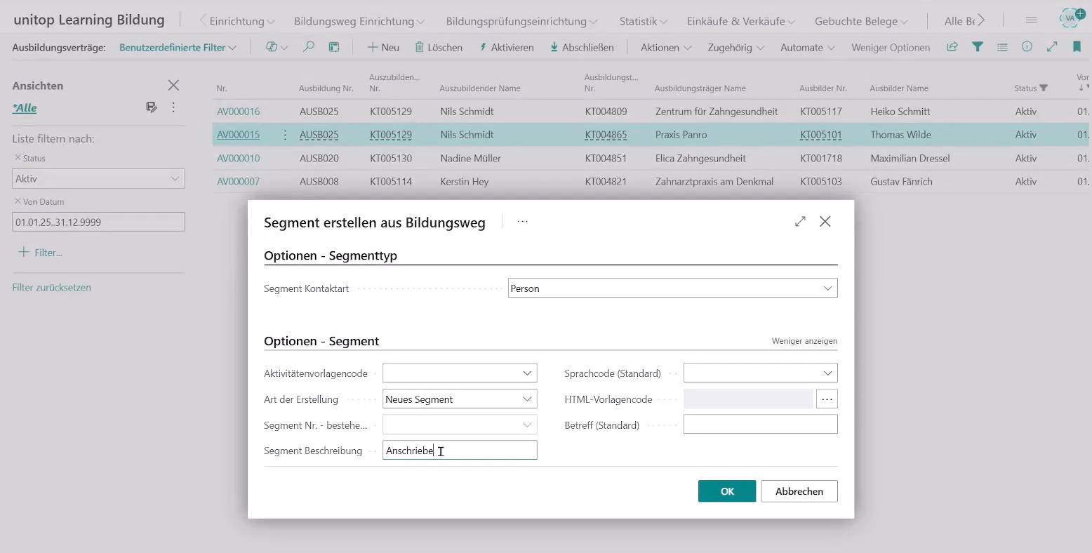 Segment aus Bildungsweg erstellen: Eingabemaske