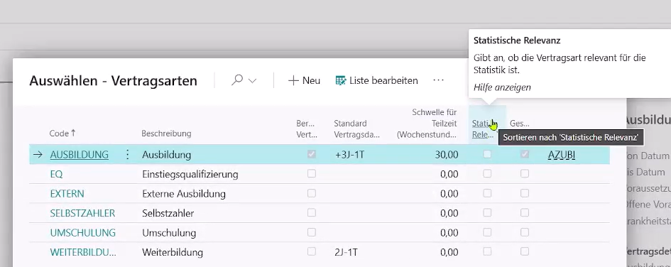Vertragsart: zeigt die Option der statistischen Relevanz