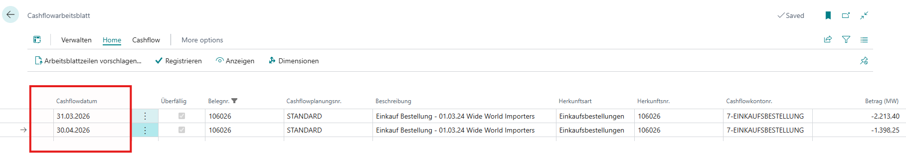 Cashflow-Arbeitsblatt mit korrekt berechneten Fälligkeitsdaten je Belegzeile auf Basis des geplanten Wareneingangsdatums