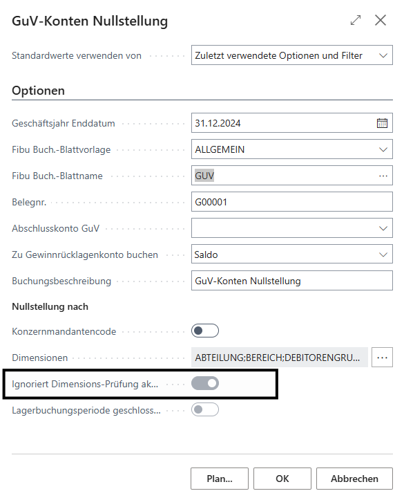 GuV-Nullstellung Feld "Ignoriert Dimensions-Prüfung aktiv" in Stapellauf