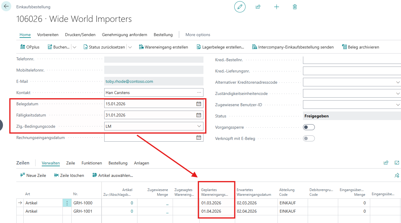 Einkaufsbestellung mit verschobenen Wareneingangsdaten je Zeile