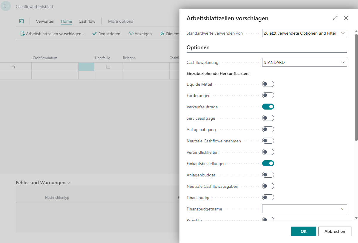 Cashflow-Vorschlag erstellen: Arbeitsblattzeilen für Einkaufsbestellungen vorschlagen lassen