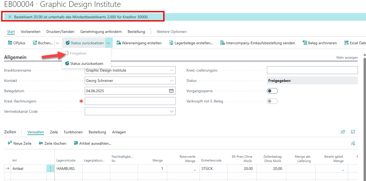 Benachrichtung nach Prüfung mit Anmerkung auf Mindestbestellwerts