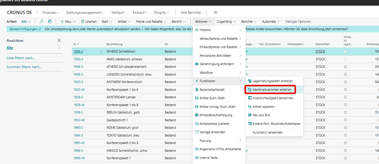 Funktionsaufruf in Artikelliste