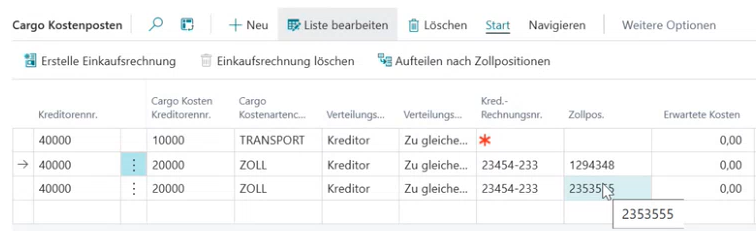 Cargo-Kostenposten mit Aufteilung