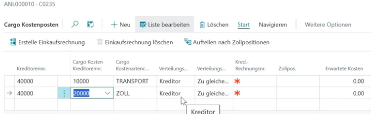 Cargo-Kostenposten ohne Aufteilung