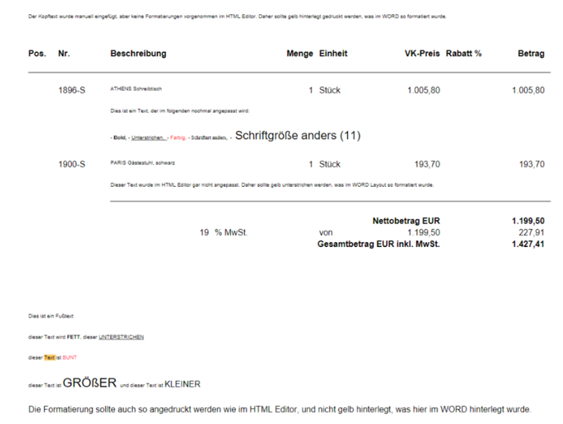 Beispiel Html-Standardformat aus BC-Einrichtung
