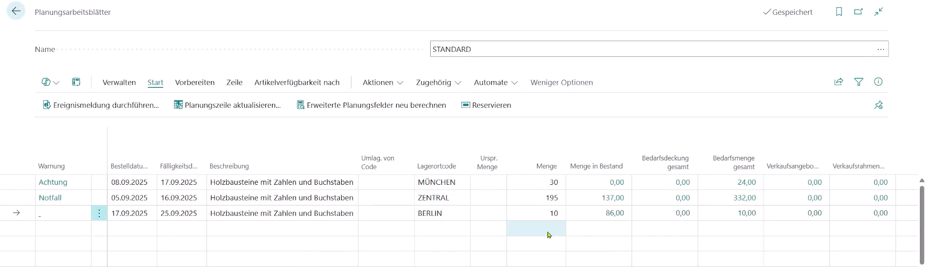 Zeigt die Planungsblätter-Übersicht mit dem beschriebenem Beispiel