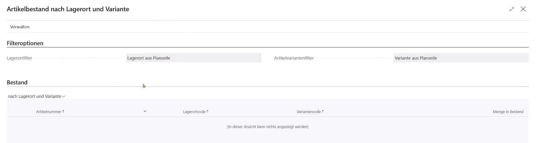 Zeigt den Artikelbestand nach Lagerort und Variante