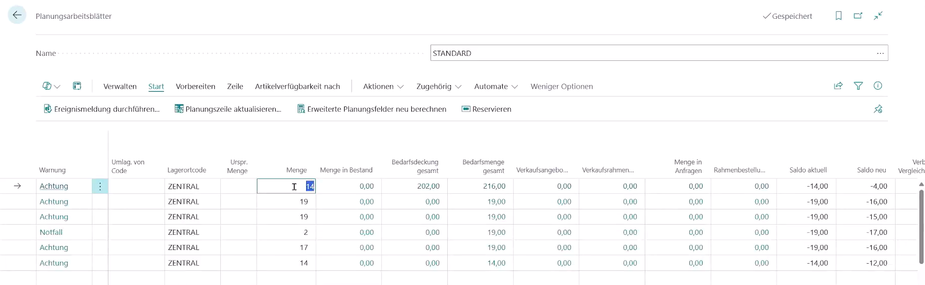 Zeigt das Planungsarbeitsblatt mit der empfohlenen Menge