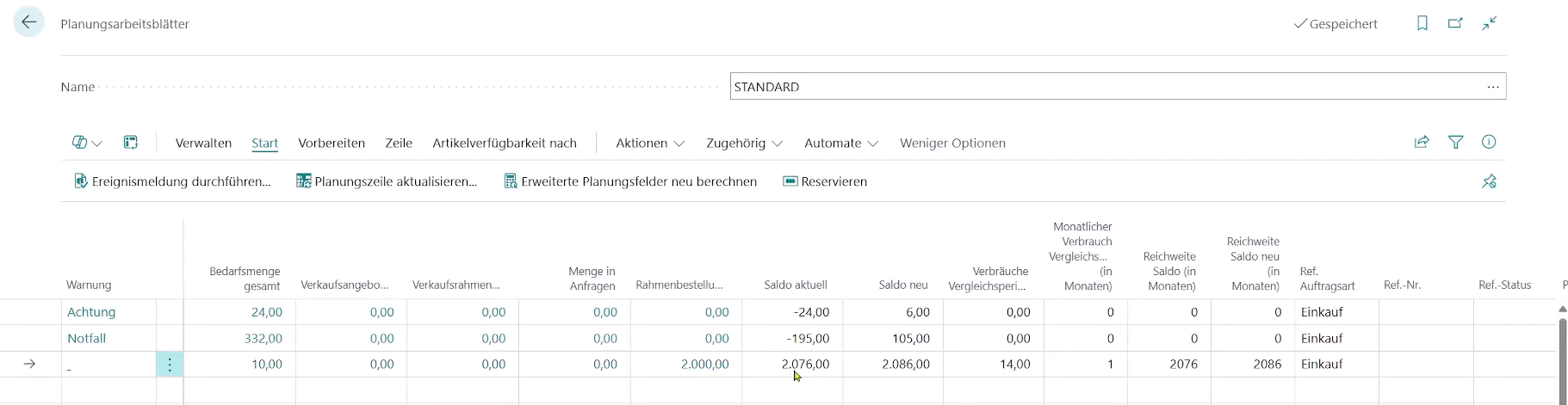 Zeigt das neue Ergebnis des aktuellen Saldos nach Änderung der Einrichtung