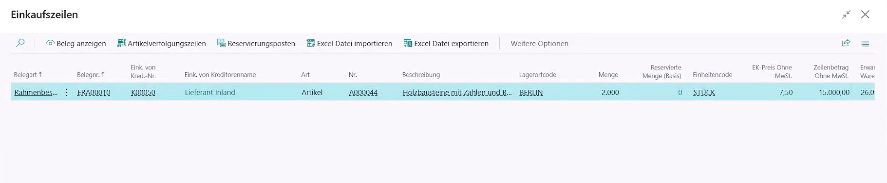Zeigt die zugehörigen Einkaufszeilen für das Beispiel Rahmenbestellungen