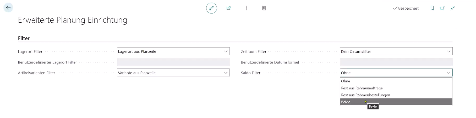 Zeigt die Einrichtung für das Beispiel Rahmenbestellungen