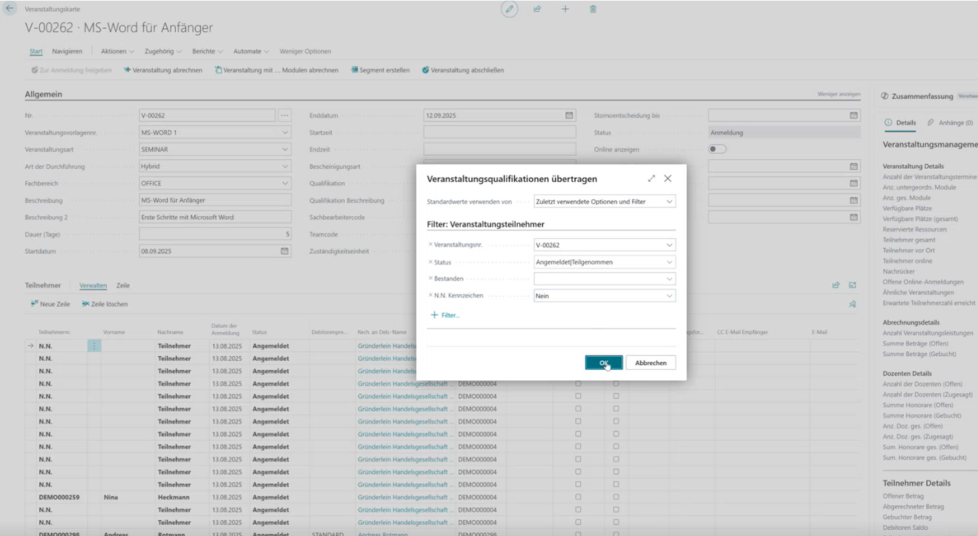 Dialog, um veranstaltungsqualifikationen zu übertragen, inkl. Filtermöglichkeiten