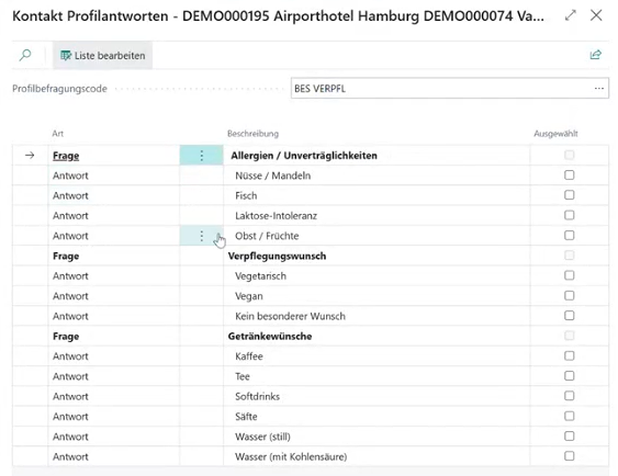 Kontakt Profilantworten mit ausgewählten Antworten