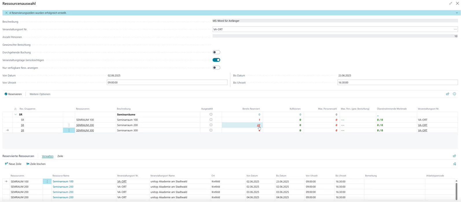 Ressourcenauswahl Karte mit aktiviertem Schalter der Funktion Veranstaltungstage berücksichtigen