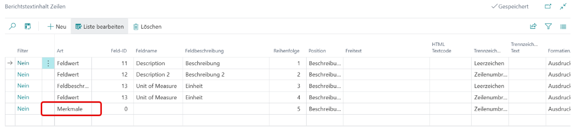 Liste Berichtstextinhalt Zeilen mit markierter Position = Merkmale