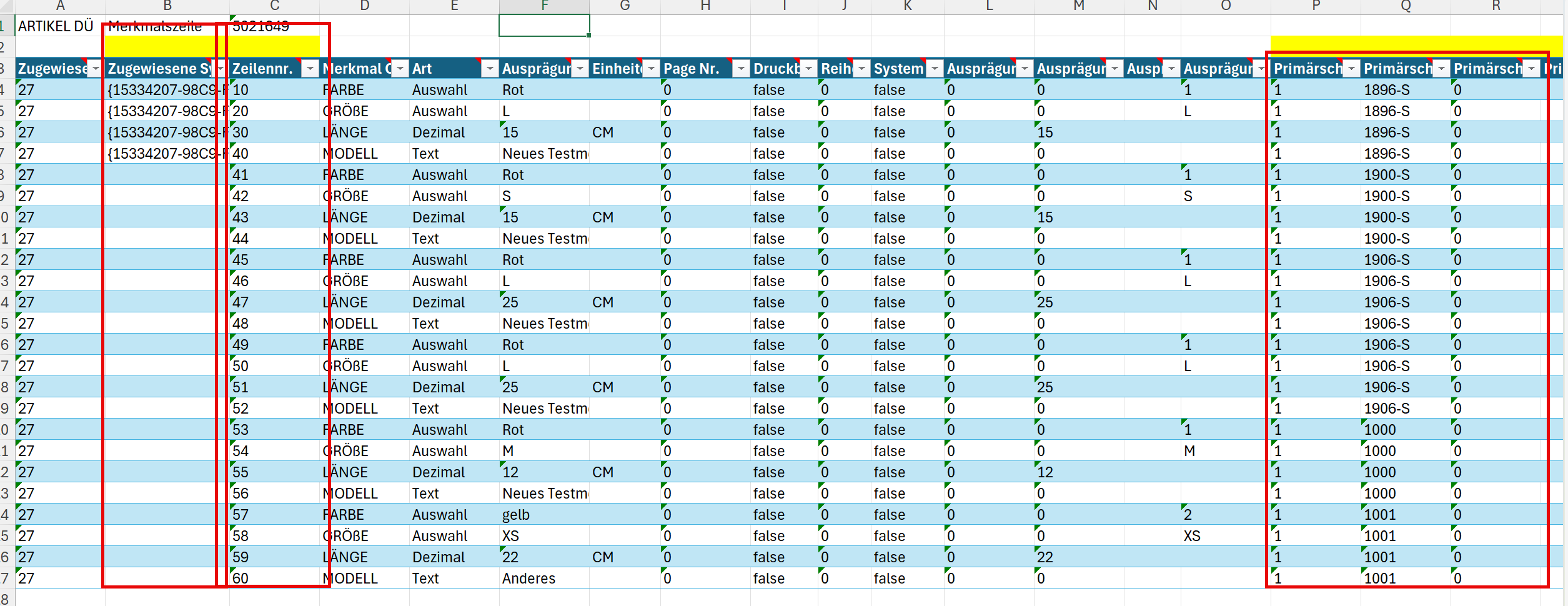 Zeigt eine Excel-Liste mit Artikeldaten. Die Spalten für Zugewiesene System ID, Zeilennummer und Primärschlüßsselspalten sind markiert und hervorgehoben.