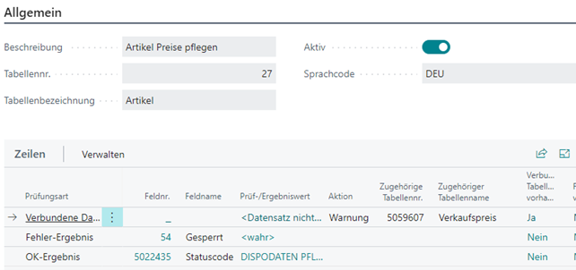 Feldprüfung Preise pflegen
