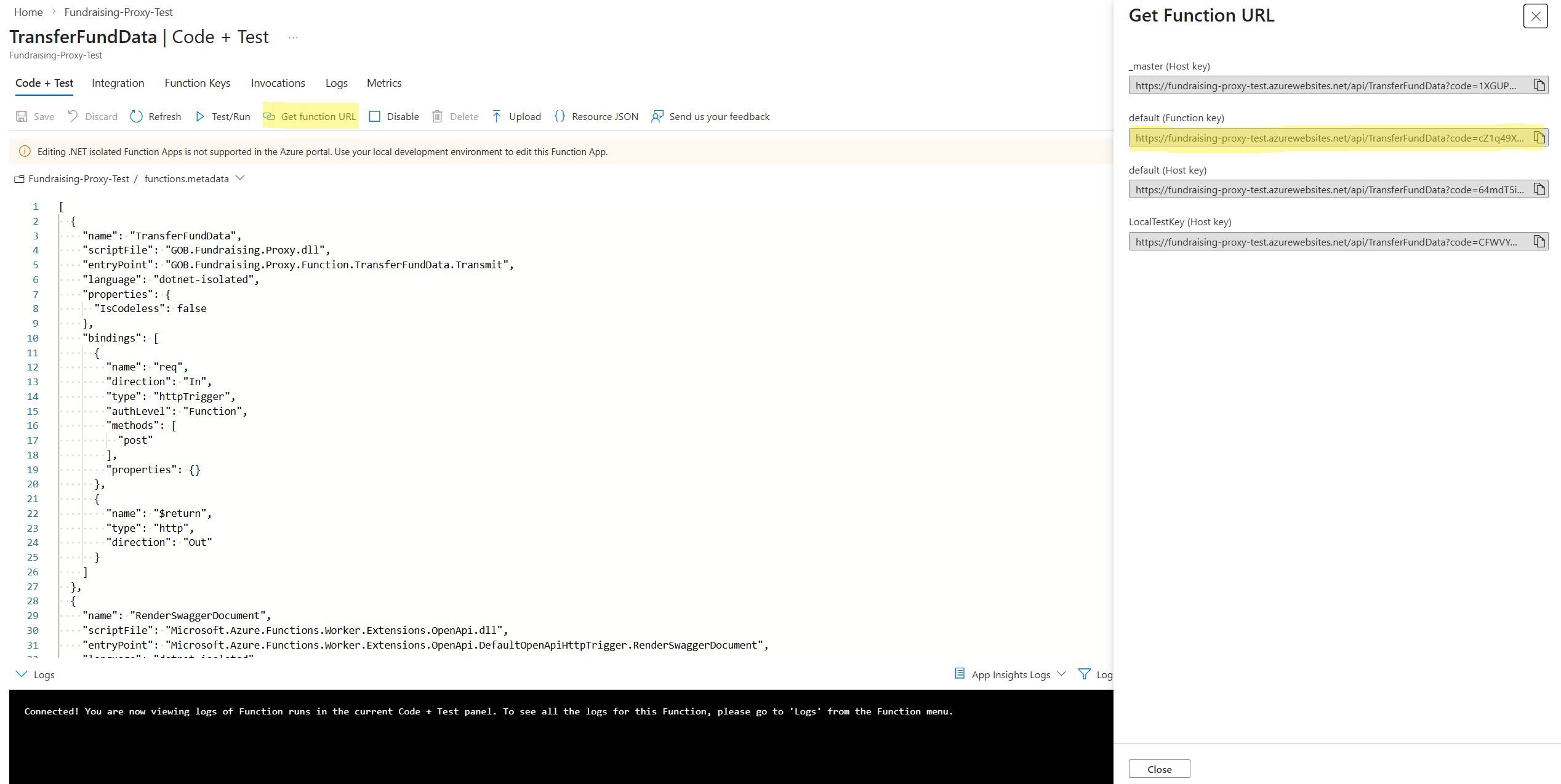 Get Function URL Page