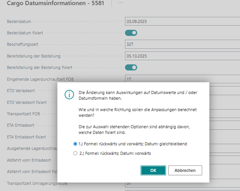 Änderungsdialog für Datumswerte oder Datumsformeln. Auswahl zwsichen 1. und 2. Formel