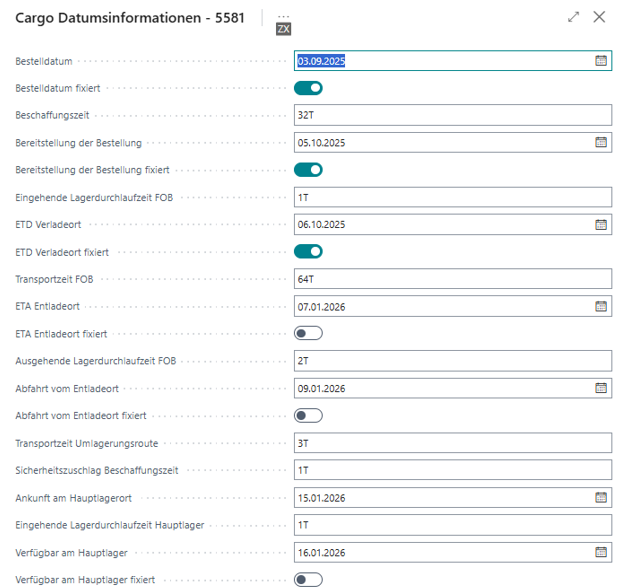 Beispiel 2: Bearbeitungsansicht der Cargo Datumsinformationen