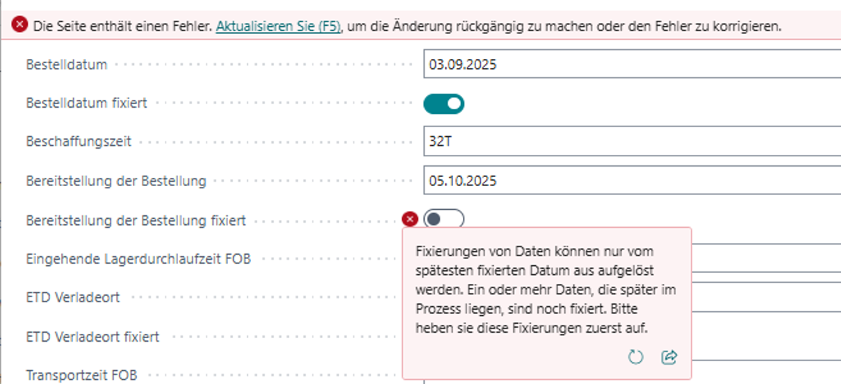 Beispiel einer Fehlermeldung für das Feld "Bereitstellung der Bestellung fixiert"