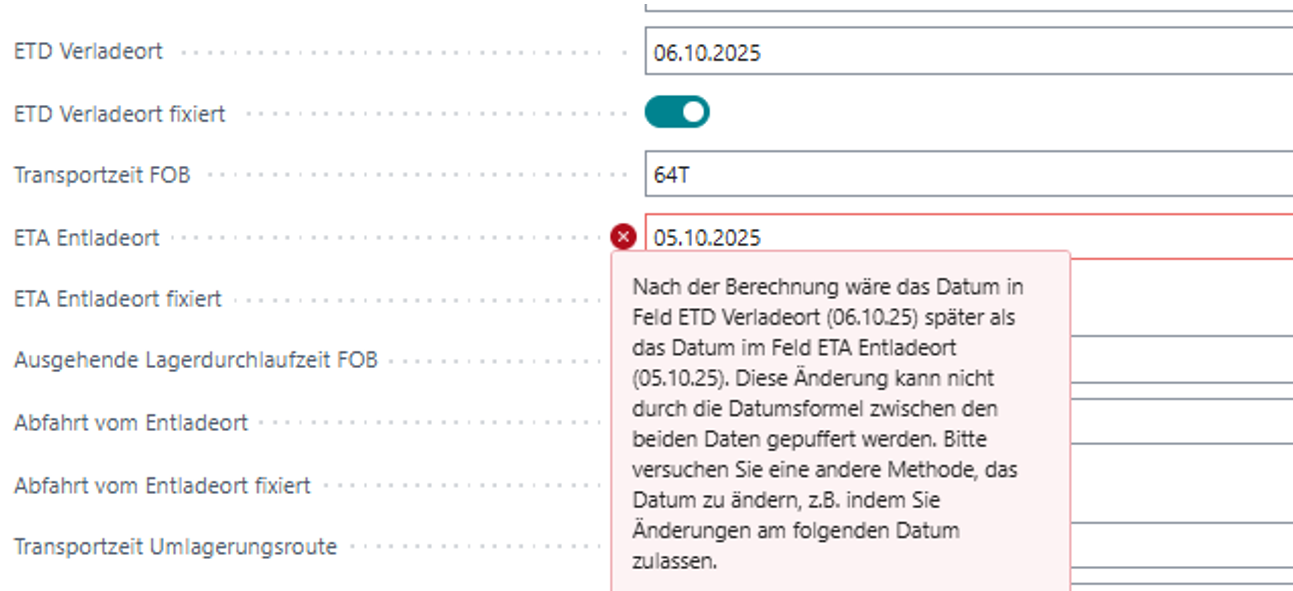 Beispiel einer Fehlermeldung für das Feld "ETA Entladeort"