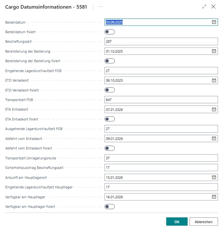 Bearbeitungsansicht der Cargo Datumsinformationen