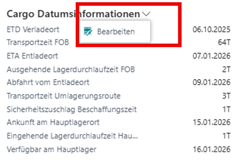 Informationsbox: Ausschnitt Cargo Datumsinformationen: bearbeiten