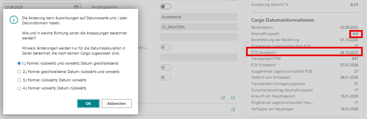Dialog zu Auswirkungen bei Änderungen auf Datumswerte oder Datumsformeln
