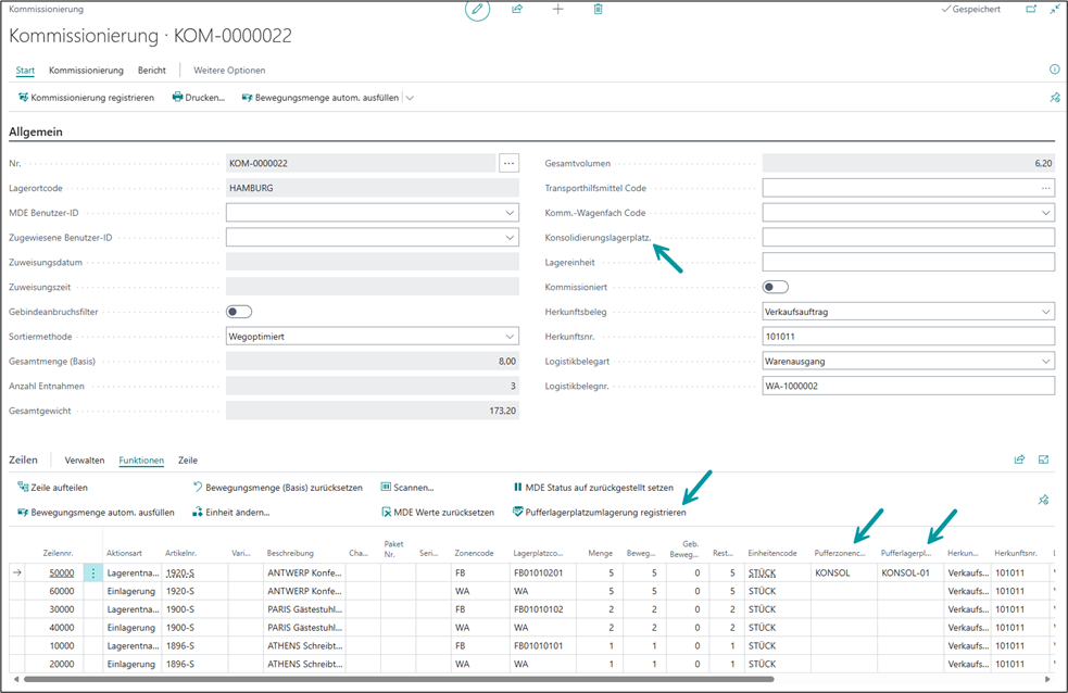 Karte Kommissionierung, ergänzte Felder