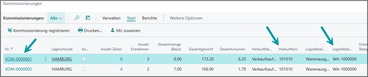 Ergebnis in der Liste der Kommissionierungen (verschiedene Felder)