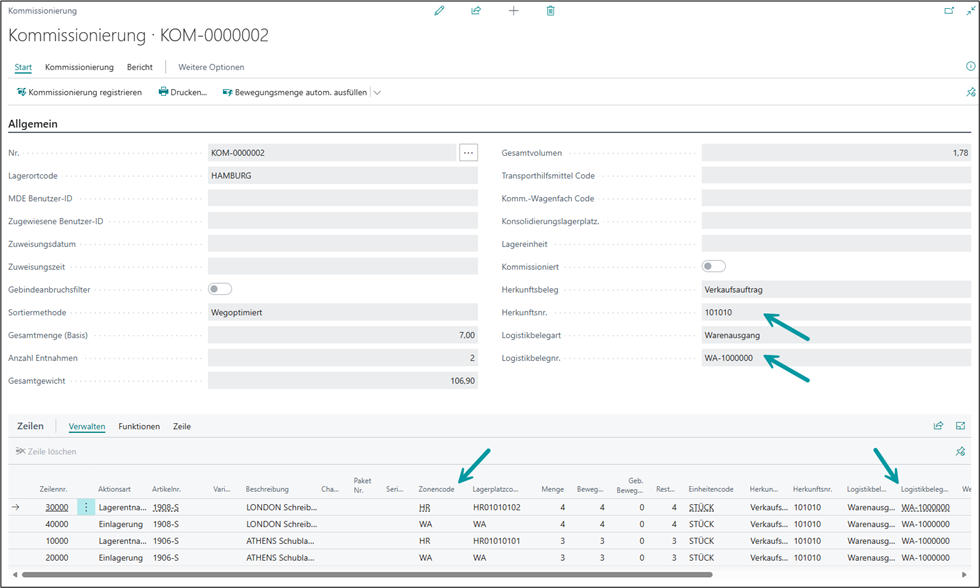 Ergebnis in der Kommissionierungskarte 02 innerhalb der Zeilen im Feld "Zonencode"