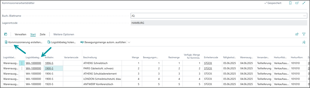 Kommissionierung im Arbeitsblatt