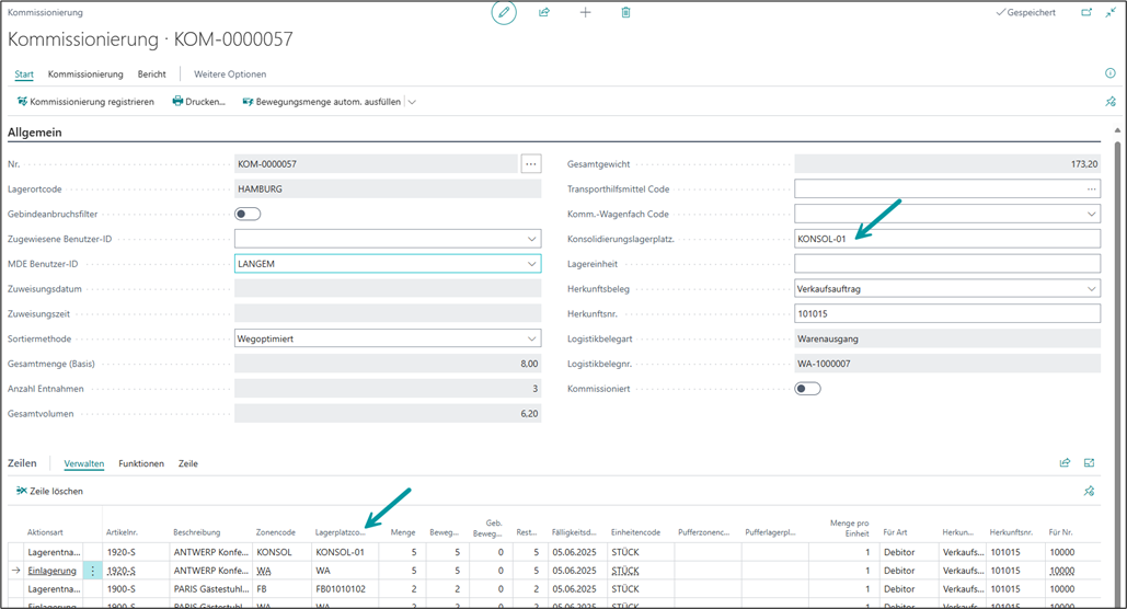 Kommissionierungskarte mit ergänzter Konsolidierung innerhalb der Zeilen