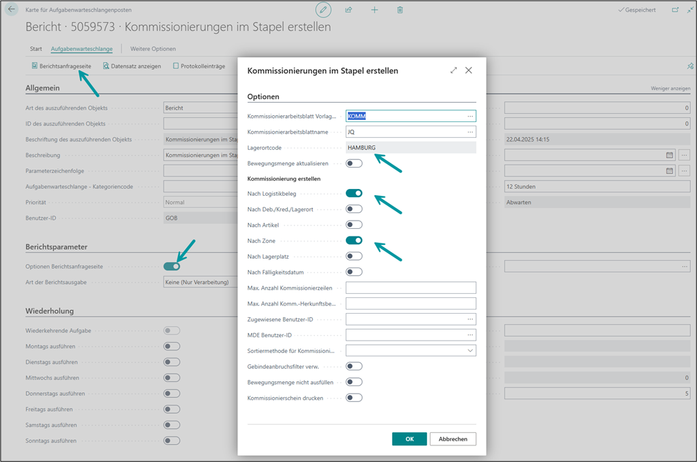 Kommissionierungen im Stapel erstellen Einrichtungen