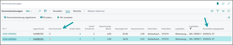 Liste der Kommissionierungen mit aktiviertem Kommissioniert-Zeichen