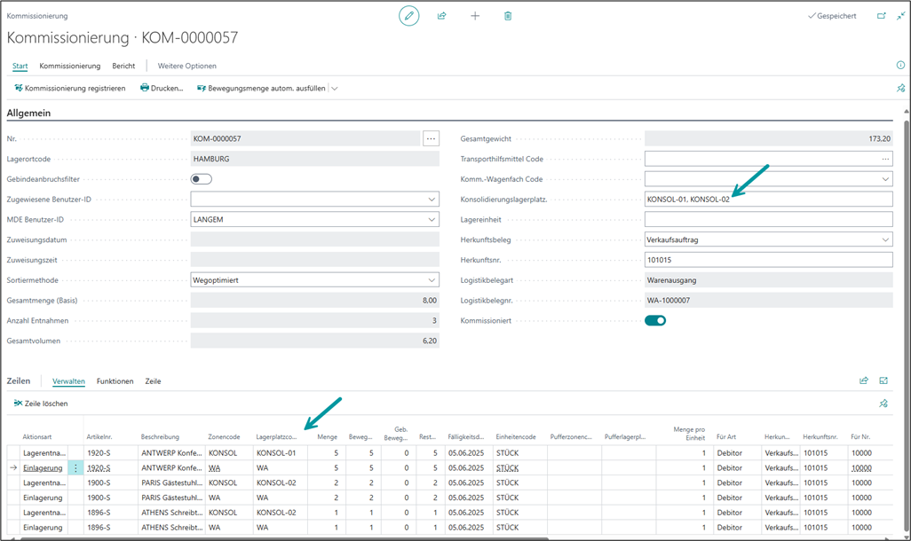 Kommissionierungskarte mit ergänzter Konsolidierung innerhalb der Zeilen