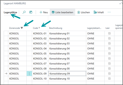 Lagerplätze Liste: Konsolidierung im Zonencode und Code angegeben