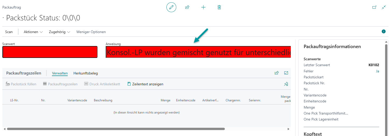 Packauftrag: Fehlermeldung Konsol.-LP wurden gemischt genutzt für unterschiedliche Warenausgänge