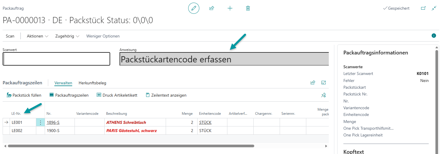 Packauftrag PA-0000013 nach erfolgreichem Scan von K0101: Arbeitsvorrat belegübergreifend geladen
