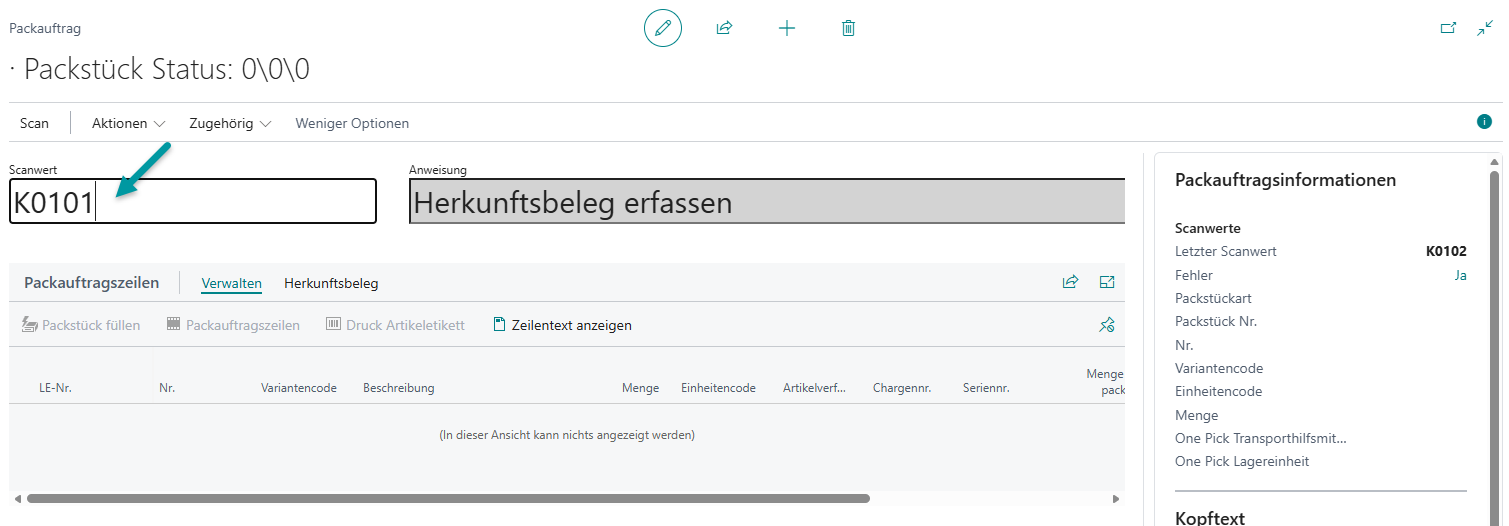 Packauftrag im initialen Schritt: Konsolidierungslagerplatz K0101 eingegeben