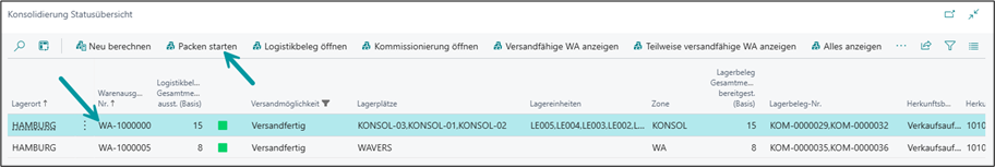 Packen starten aus Konsolidierungsübersicht