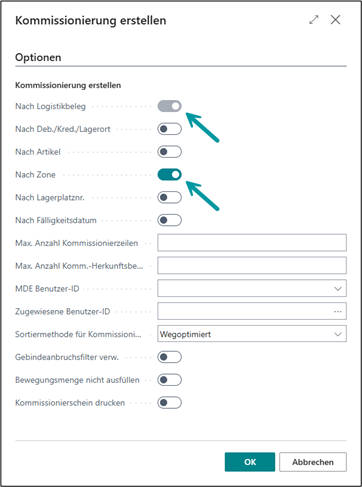 Wizzard-Einstellungen für Kommissionierung ausgehend aus dem Arbeitsblatt