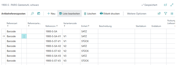 Artikelreferenzposten-Ansicht im Fallback-Szenario