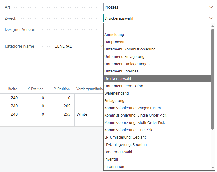 Enum-Werte des Felds "Zweck" im MDE Designer Header