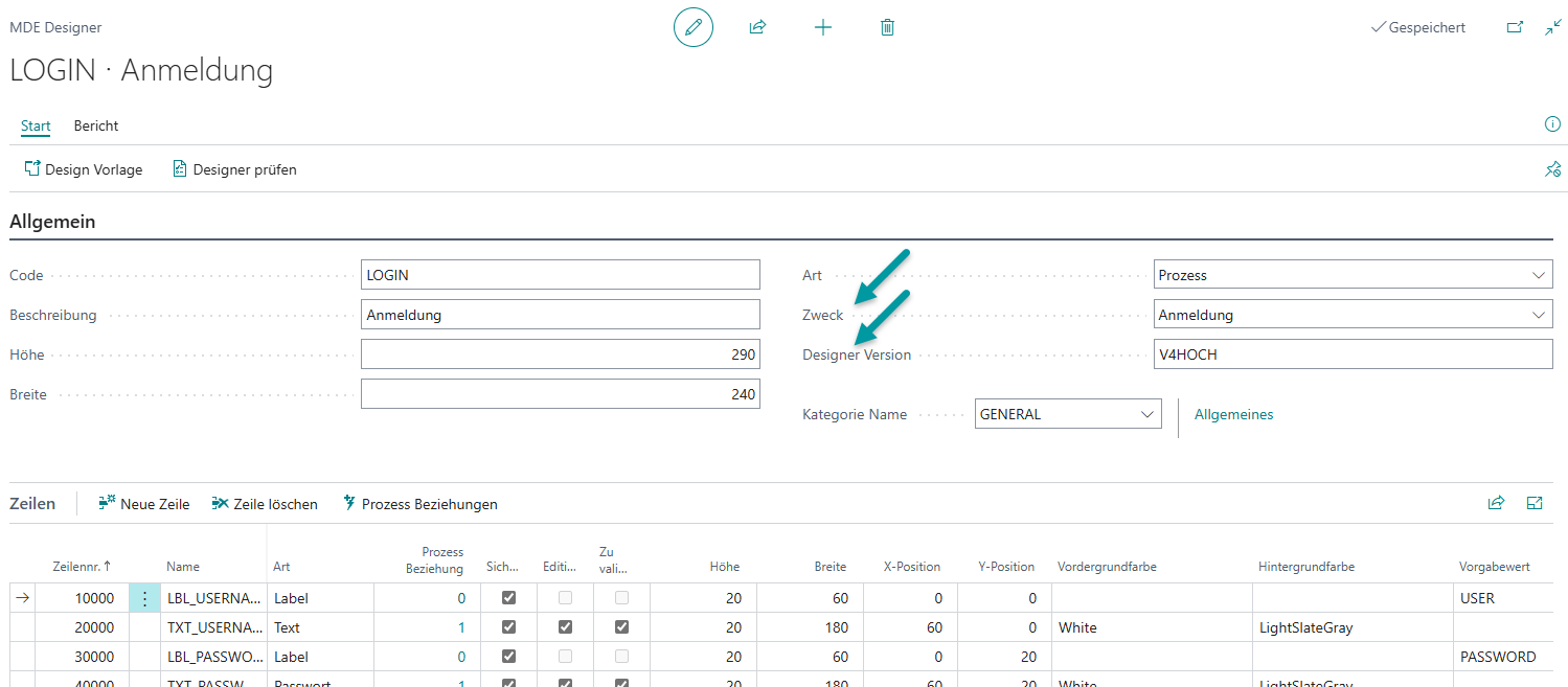 MDE Designer Header – Anmeldung (LOGIN) mit den Feldern Zweck und Designer Version